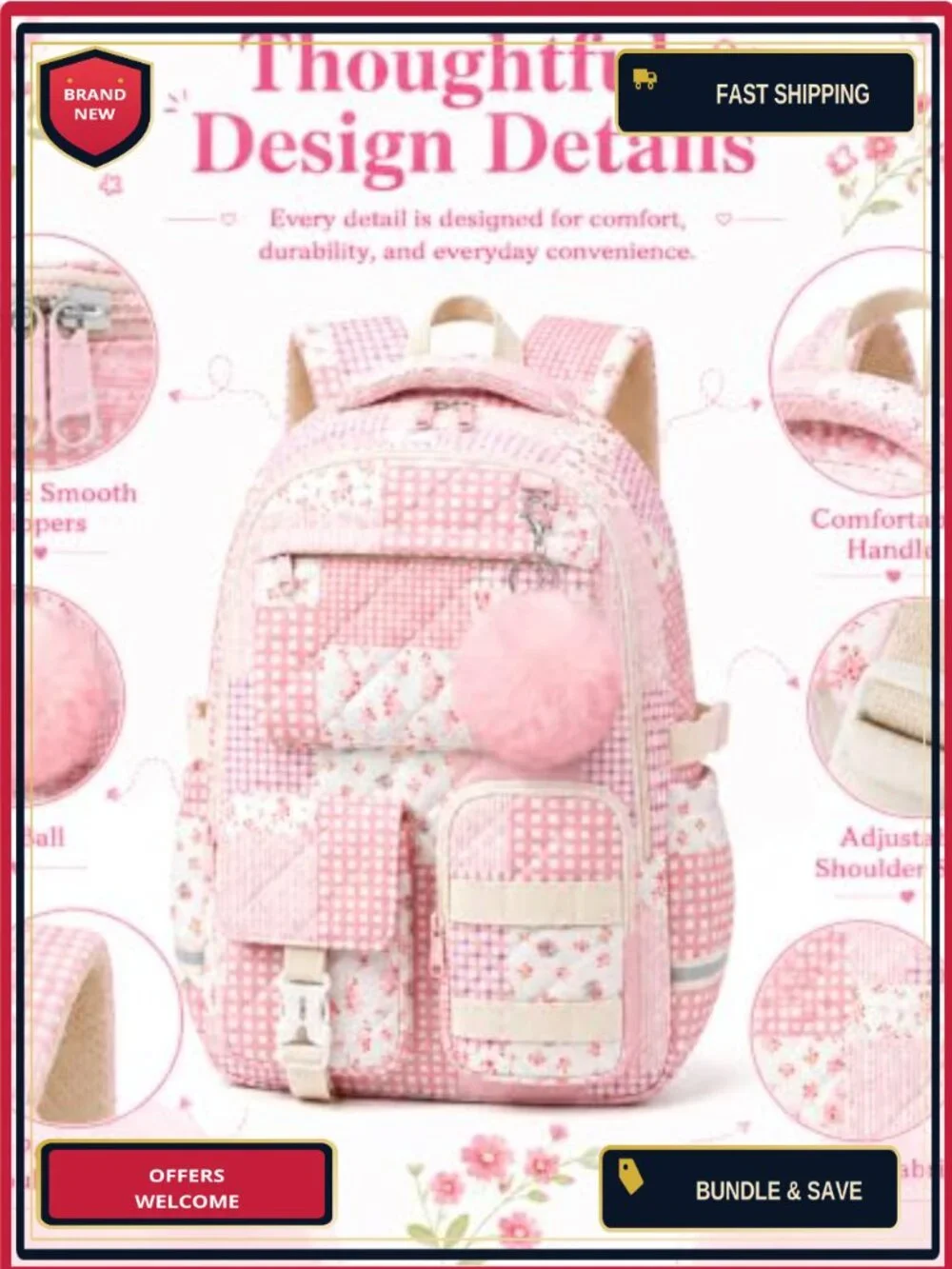 Quilted Floral Backpack Set with Insulated Lunch Bag & Pencil Case for School